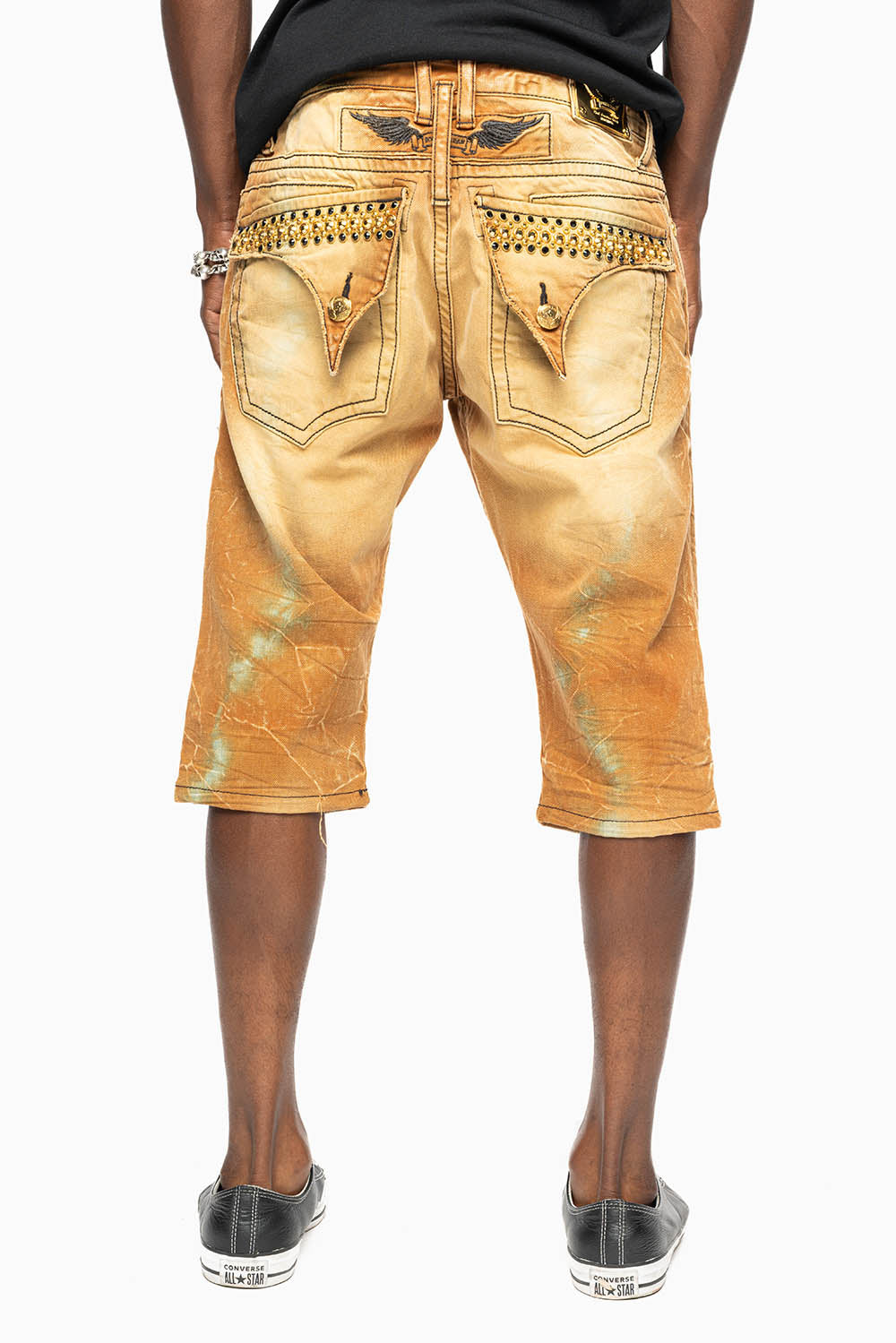MENS SHORT WITH FLAP POCKETS IN 4D LIGHT PERU BROKEN WASH WITH CRYSTALS
