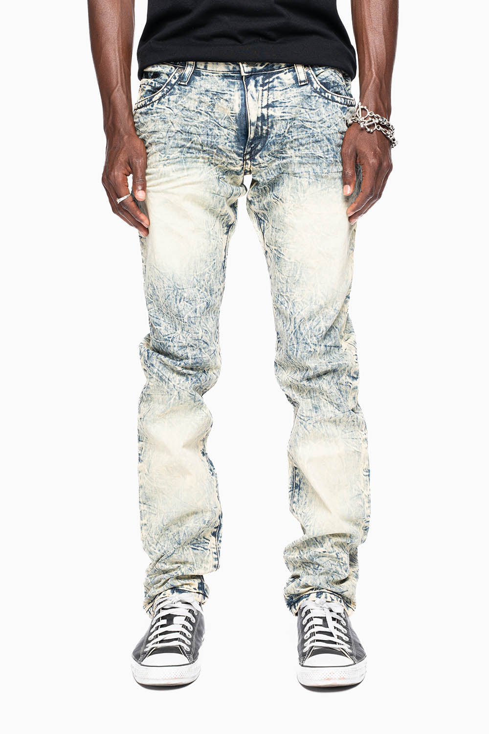 MENS LONG FLAP SLIM JEANS EMBELLISHED WITH CRYSTALS IN HIKER WASH