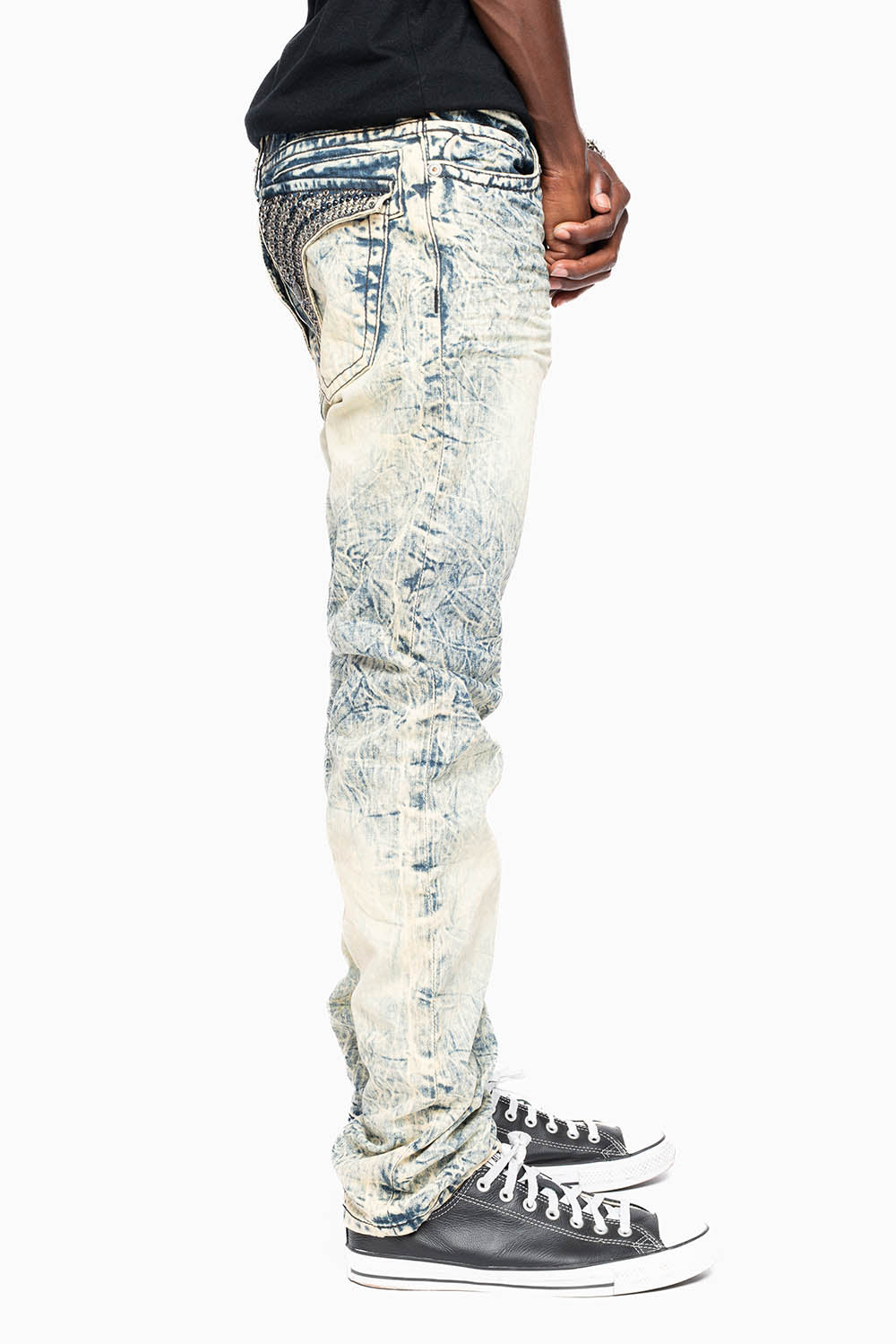 MENS LONG FLAP SLIM JEANS EMBELLISHED WITH CRYSTALS IN HIKER WASH