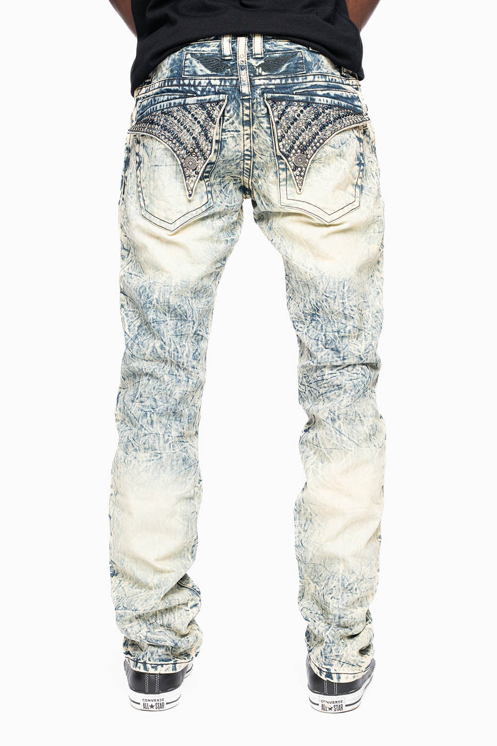 MENS LONG FLAP SLIM JEANS EMBELLISHED WITH CRYSTALS IN HIKER WASH