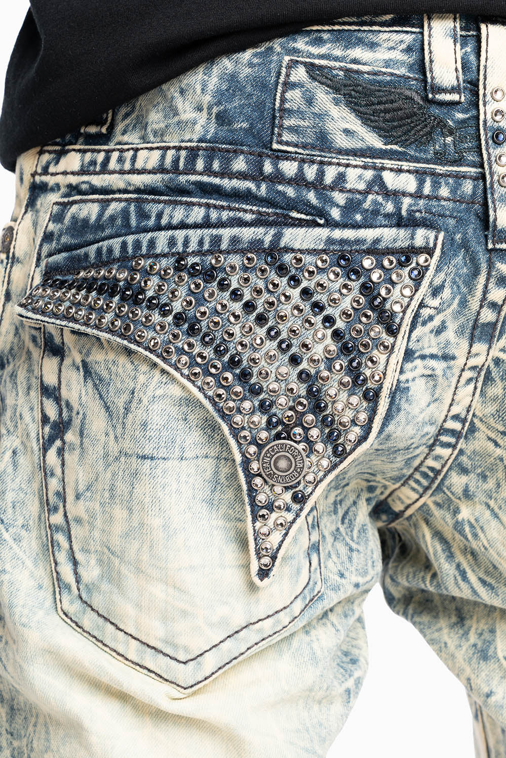 MENS LONG FLAP SLIM JEANS EMBELLISHED WITH CRYSTALS IN HIKER WASH