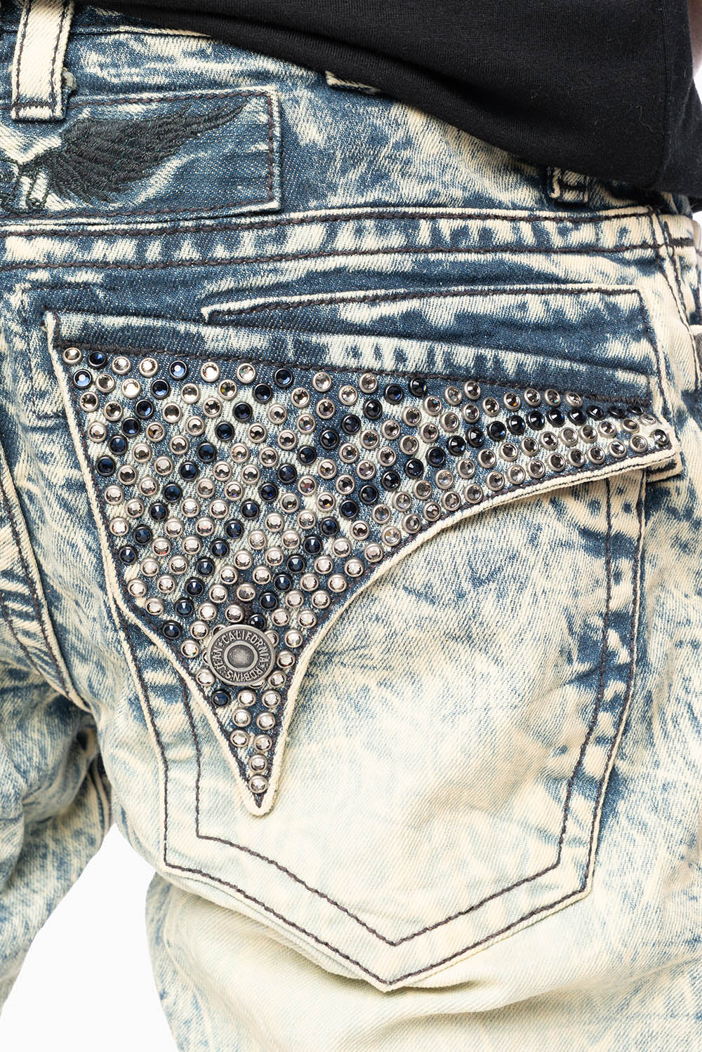 MENS LONG FLAP SLIM JEANS EMBELLISHED WITH CRYSTALS IN HIKER WASH