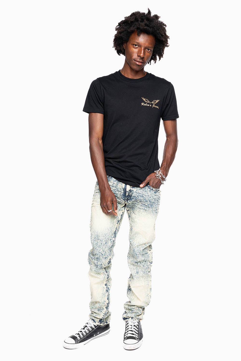 MENS LONG FLAP SLIM JEANS EMBELLISHED WITH CRYSTALS IN HIKER WASH
