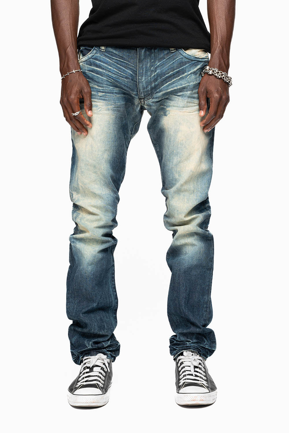 MENS LONG FLAP SLIM JEANS IN 5D DARK  WASH EMBELLISHED WITH JET BLK & BLK DIAMOND CRYSTALS