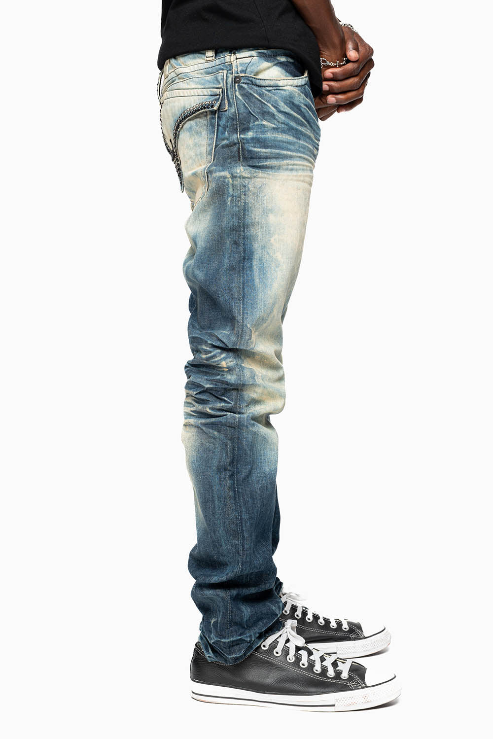MENS LONG FLAP SLIM JEANS IN 5D DARK  WASH EMBELLISHED WITH JET BLK & BLK DIAMOND CRYSTALS
