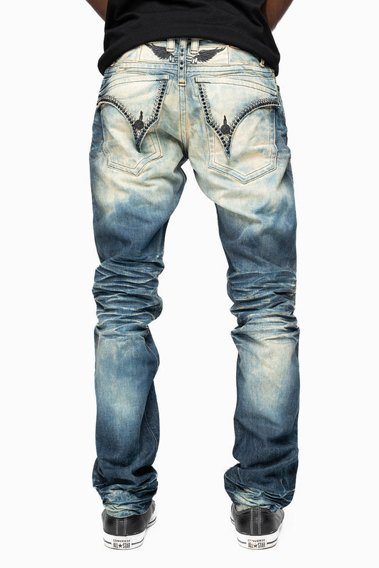 MENS LONG FLAP SLIM JEANS IN 5D DARK  WASH EMBELLISHED WITH JET BLK & BLK DIAMOND CRYSTALS