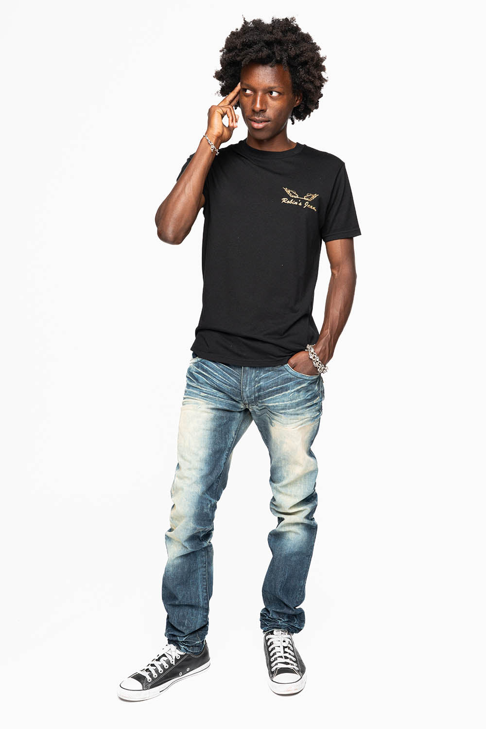 MENS LONG FLAP SLIM JEANS IN 5D DARK  WASH EMBELLISHED WITH JET BLK & BLK DIAMOND CRYSTALS