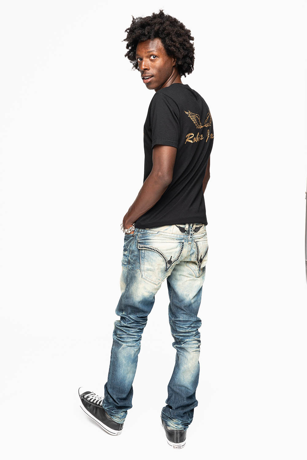MENS LONG FLAP SLIM JEANS IN 5D DARK  WASH EMBELLISHED WITH JET BLK & BLK DIAMOND CRYSTALS