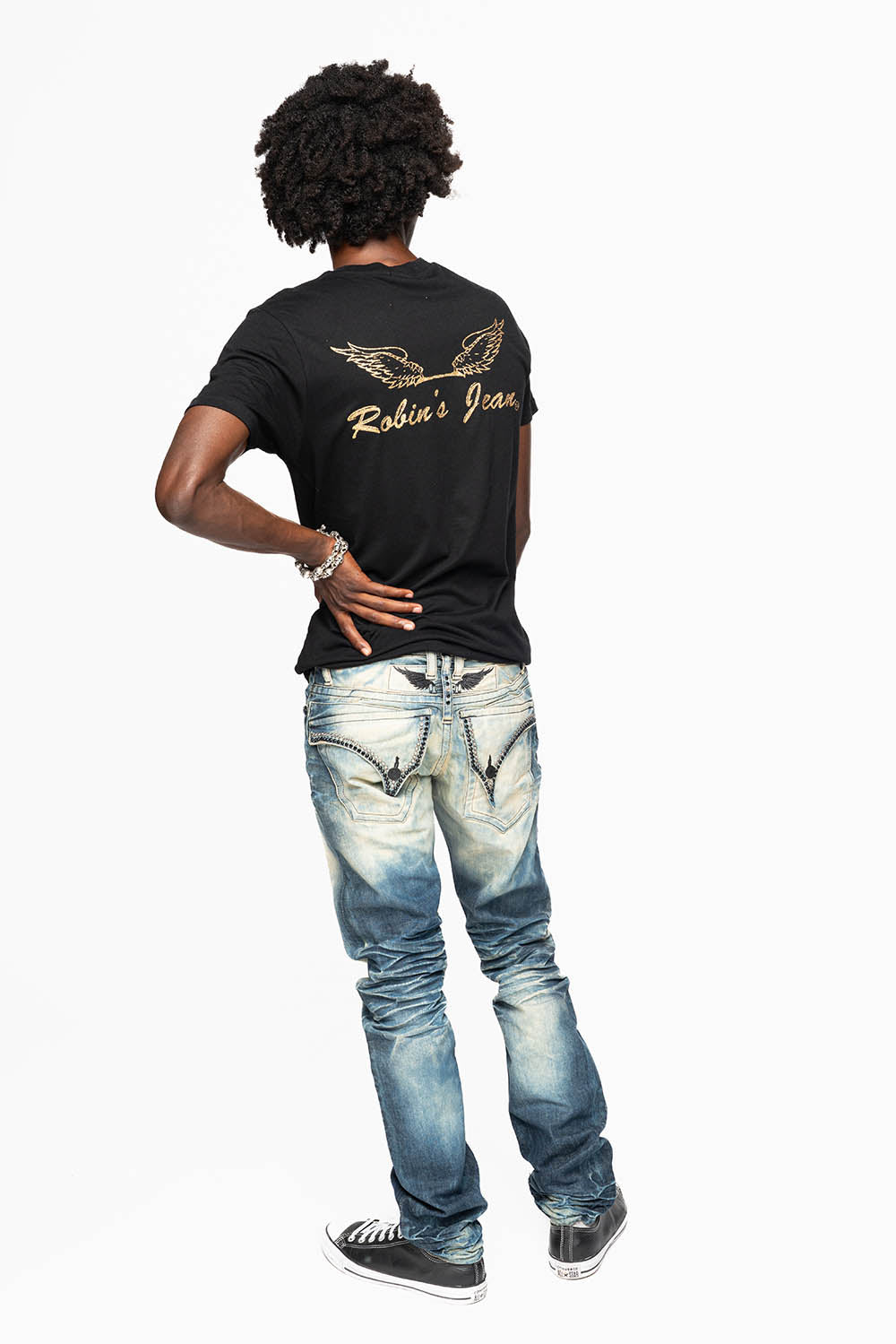 MENS LONG FLAP SLIM JEANS IN 5D DARK  WASH EMBELLISHED WITH JET BLK & BLK DIAMOND CRYSTALS