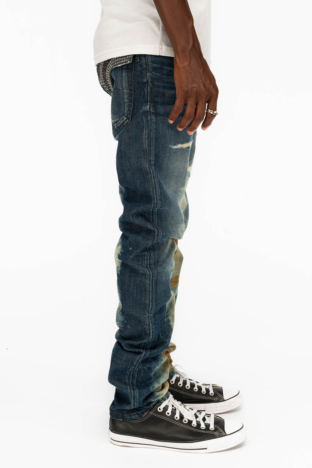 MENS LONG FLAP SLIM JEANS WITH CRYSTALS IN HYPER WASH