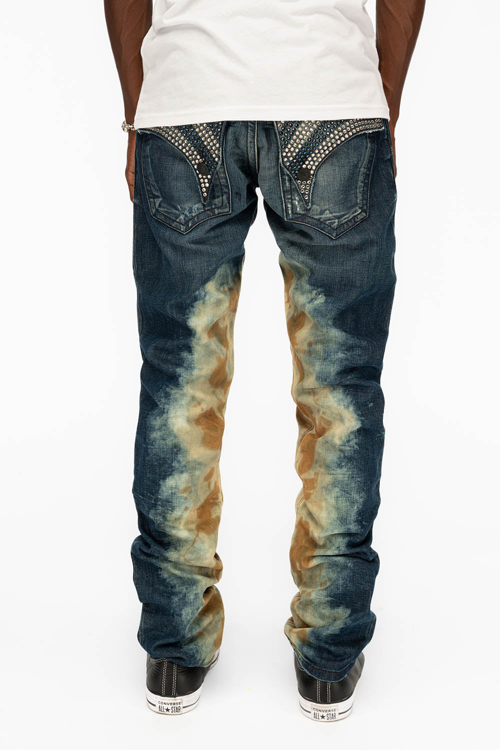 MENS LONG FLAP SLIM JEANS WITH CRYSTALS IN HYPER WASH