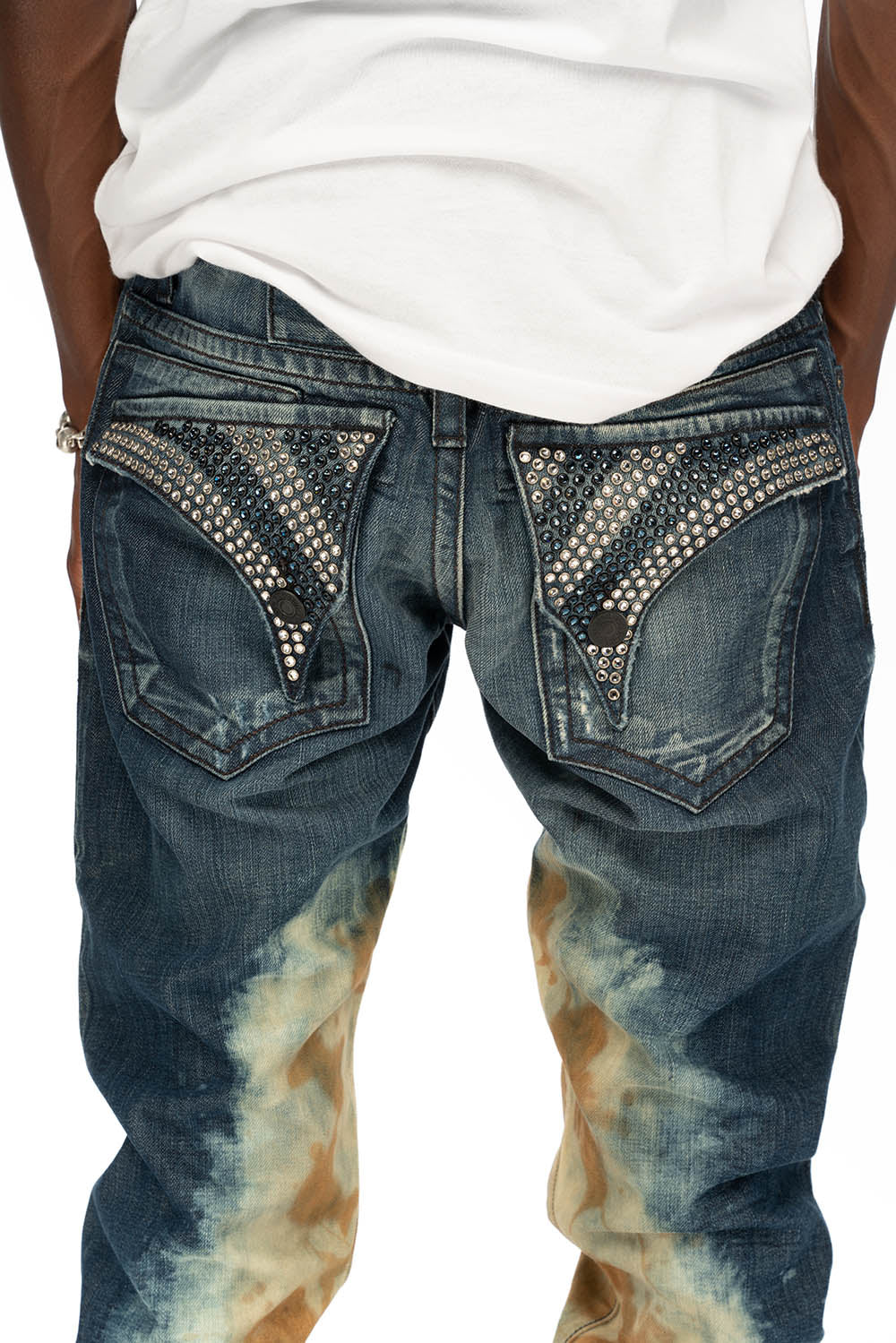 MENS LONG FLAP SLIM JEANS WITH CRYSTALS IN HYPER WASH