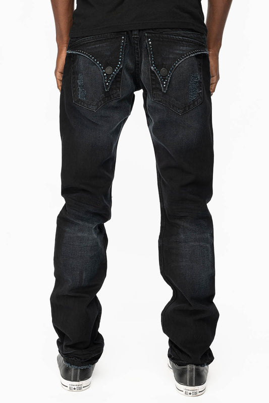 MENS LONG FLAP SLIM JEANS WITH  CRYSTALS AND STUDS IN F-UP BLACK WASH