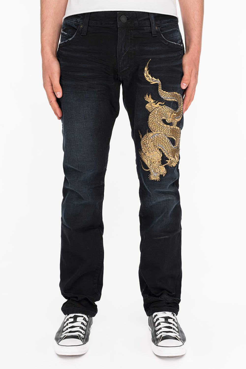 ROBINS MENS SLIM LONG FLAP JEANS IN F_ED UP BLACK WITH GOLD EMBROIDERY AND CRYSTALS