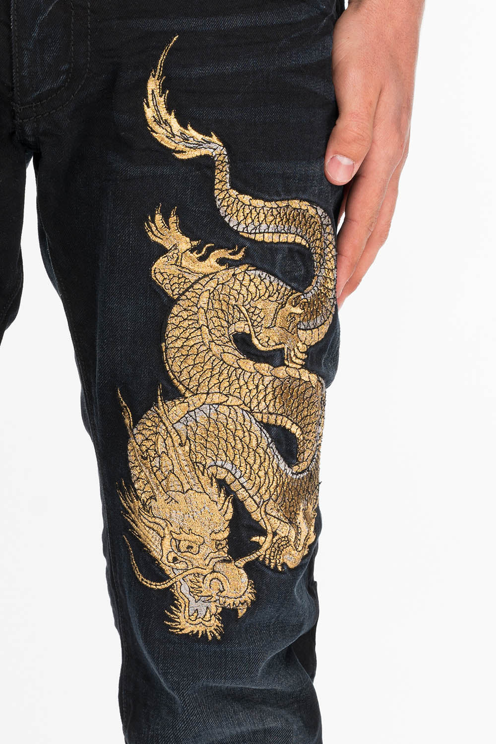 ROBINS MENS SLIM LONG FLAP JEANS IN F_ED UP BLACK WITH GOLD EMBROIDERY AND CRYSTALS