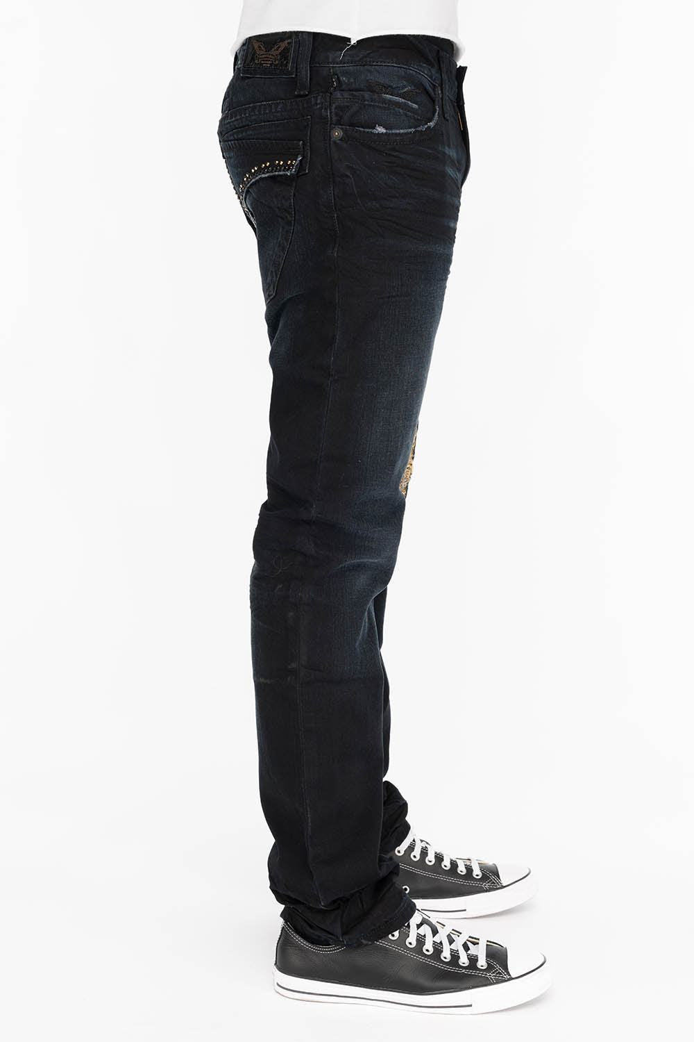 ROBINS MENS SLIM LONG FLAP JEANS IN F_ED UP BLACK WITH GOLD EMBROIDERY AND CRYSTALS