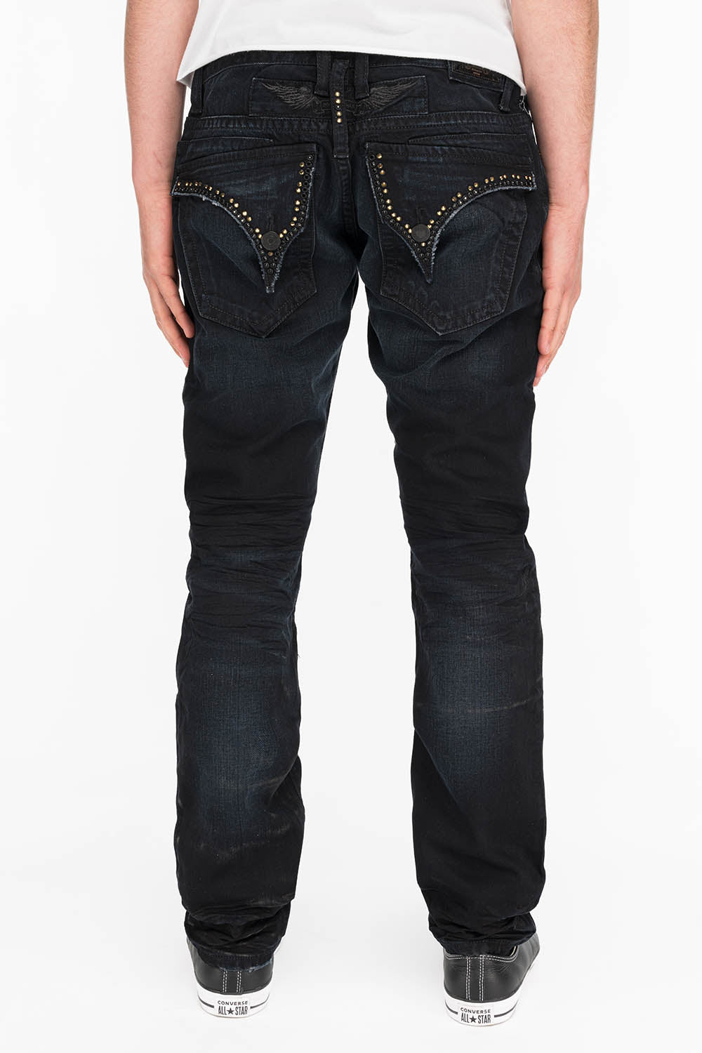 ROBINS MENS SLIM LONG FLAP JEANS IN F_ED UP BLACK WITH GOLD EMBROIDERY AND CRYSTALS