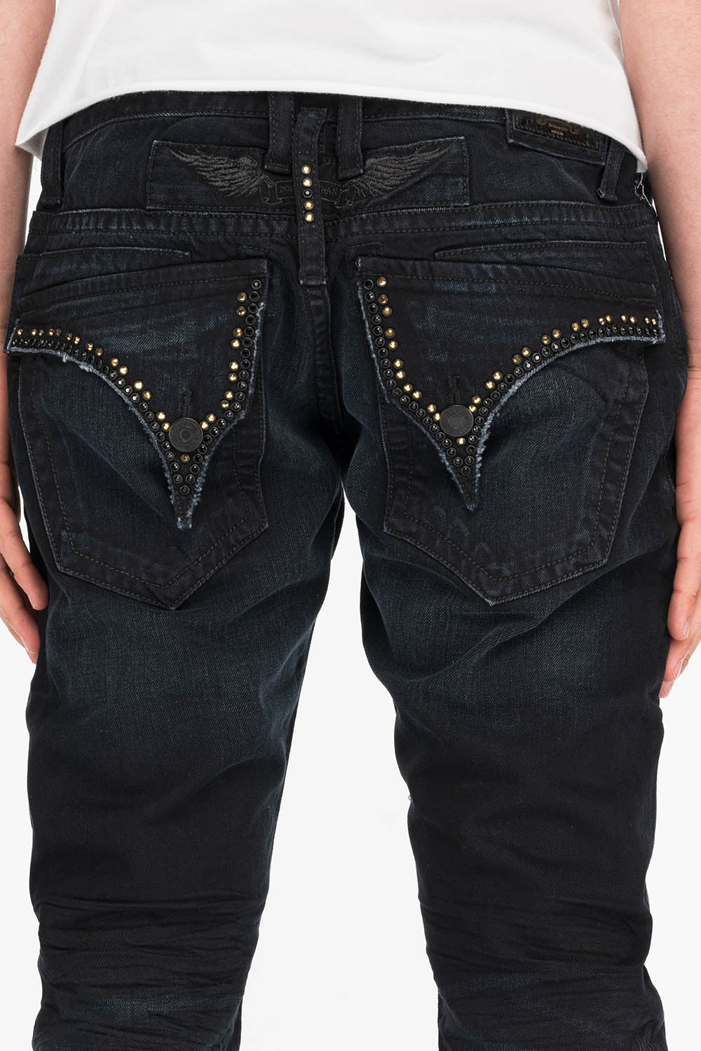 ROBINS MENS SLIM LONG FLAP JEANS IN F_ED UP BLACK WITH GOLD EMBROIDERY AND CRYSTALS