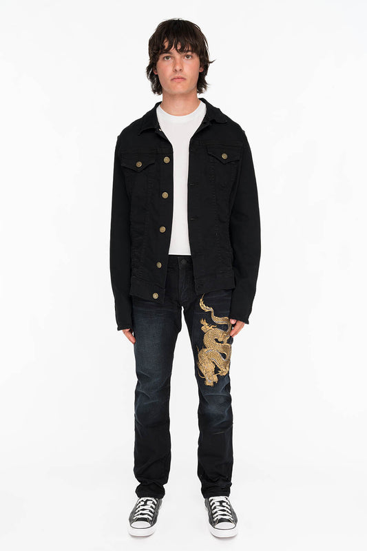 ROBINS MENS SLIM LONG FLAP JEANS IN F_ED UP BLACK WITH GOLD EMBROIDERY AND CRYSTALS