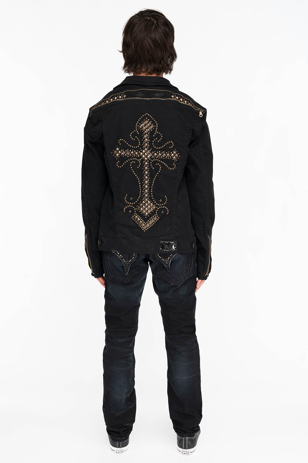 ROBINS MENS SLIM LONG FLAP JEANS IN F_ED UP BLACK WITH GOLD EMBROIDERY AND CRYSTALS