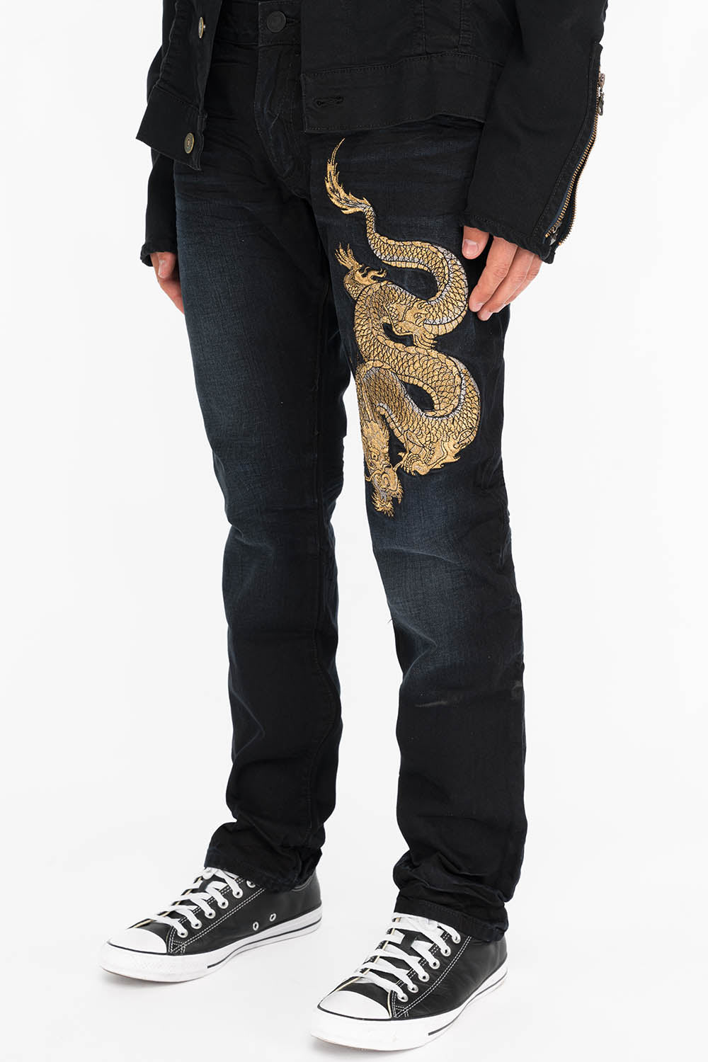 ROBINS MENS SLIM LONG FLAP JEANS IN F_ED UP BLACK WITH GOLD EMBROIDERY AND CRYSTALS