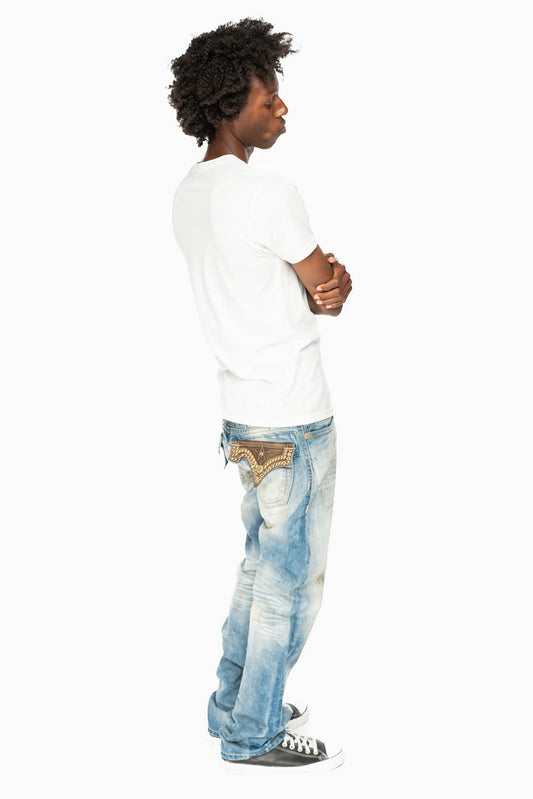 ROBIN'S LIMITED EDITION JEANS IN VINTAGE AQUARAMA WASH WITH BROWN LEATHER FLAP EMBELLISHED WITH CRYSTALS AND NAIL HEADS