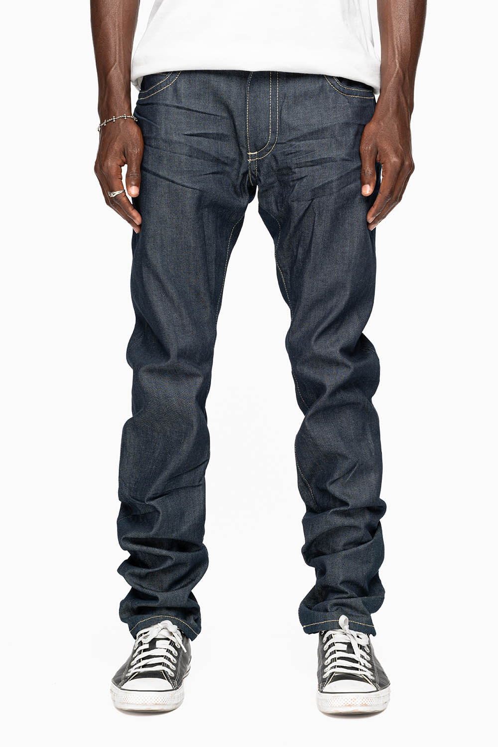 MENS CLASSIC 5 POCKET SLIM LEG JEANS IN RAW DENIM EMBELLISHED WITH MULTI COLOR  CRYSTALS