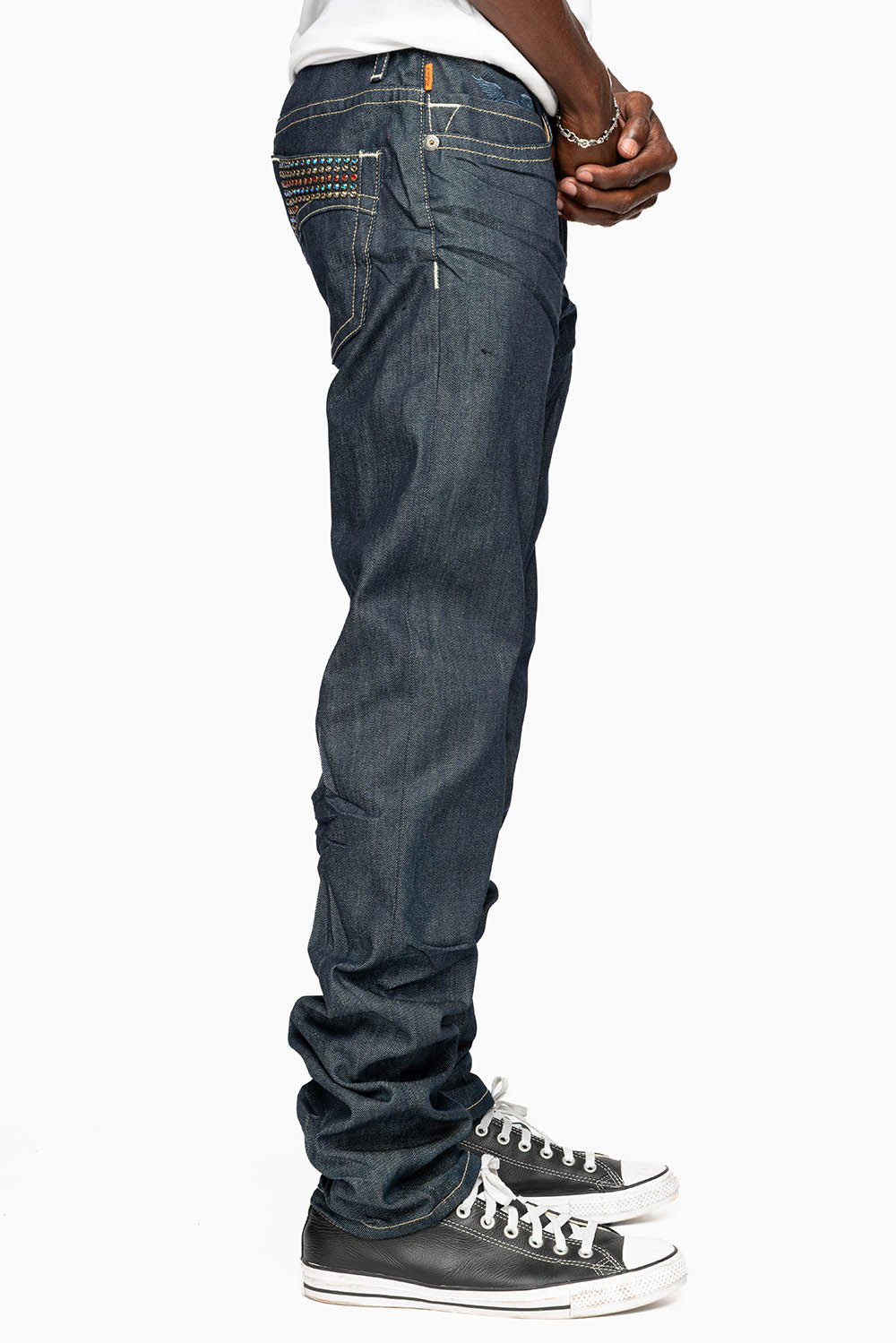 MENS CLASSIC 5 POCKET SLIM LEG JEANS IN RAW DENIM EMBELLISHED WITH MULTI COLOR  CRYSTALS