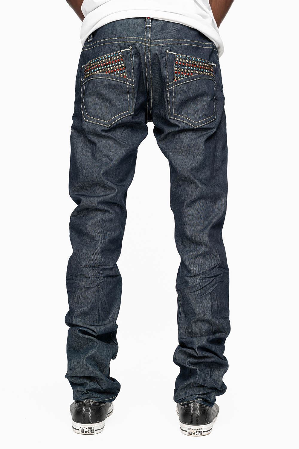 MENS CLASSIC 5 POCKET SLIM LEG JEANS IN RAW DENIM EMBELLISHED WITH MULTI COLOR  CRYSTALS