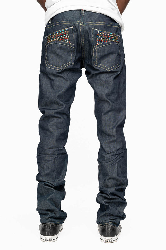 MENS CLASSIC 5 POCKET SLIM LEG JEANS IN RAW DENIM EMBELLISHED WITH MULTI COLOR  CRYSTALS