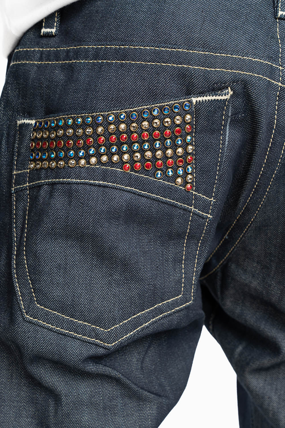 MENS CLASSIC 5 POCKET SLIM LEG JEANS IN RAW DENIM EMBELLISHED WITH MULTI COLOR  CRYSTALS
