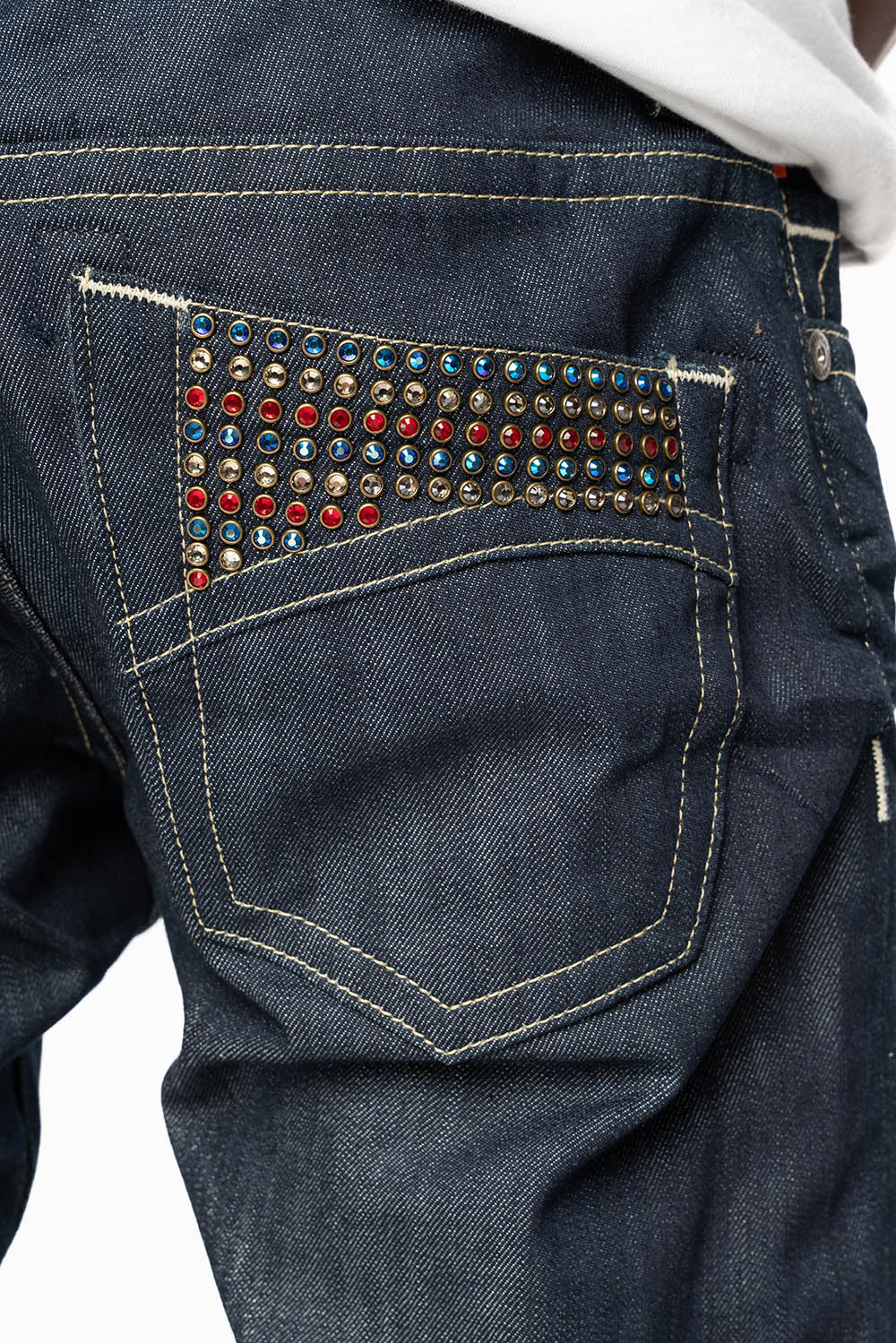 MENS CLASSIC 5 POCKET SLIM LEG JEANS IN RAW DENIM EMBELLISHED WITH MULTI COLOR  CRYSTALS