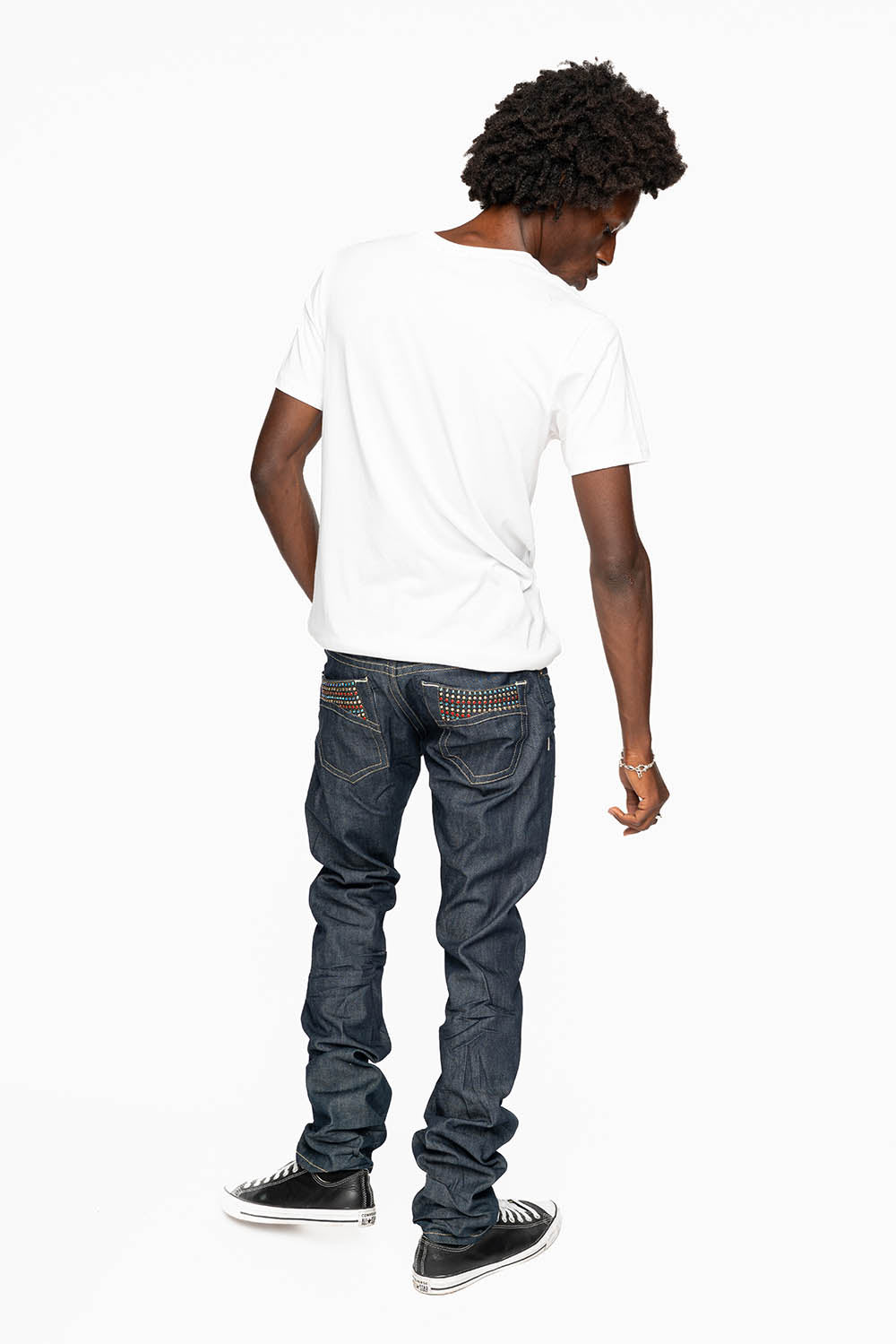 MENS CLASSIC 5 POCKET SLIM LEG JEANS IN RAW DENIM EMBELLISHED WITH MULTI COLOR  CRYSTALS
