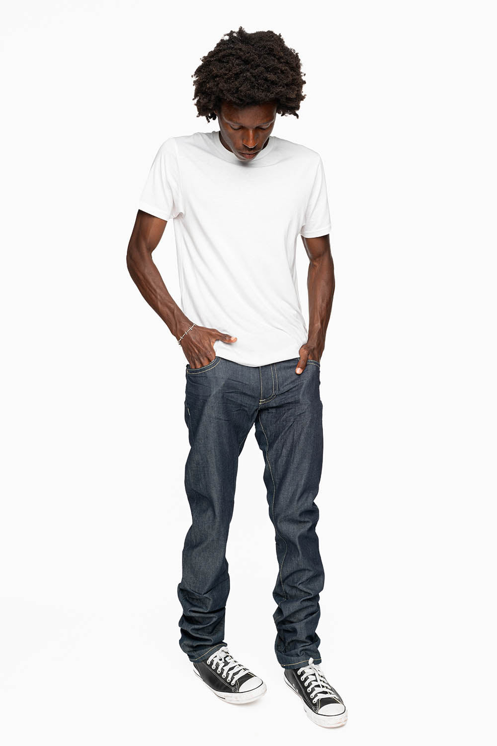 MENS CLASSIC 5 POCKET SLIM LEG JEANS IN RAW DENIM EMBELLISHED WITH MULTI COLOR  CRYSTALS