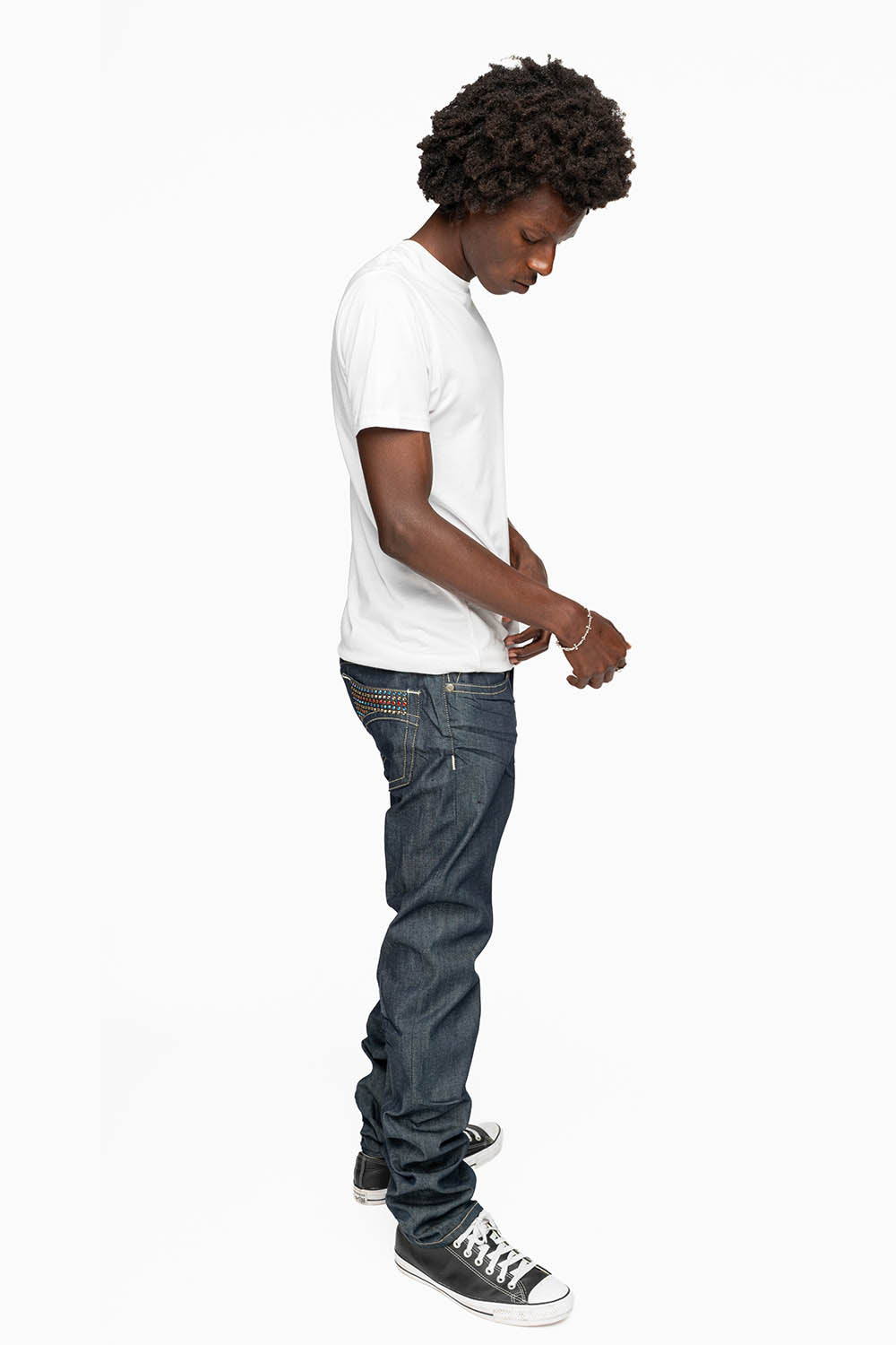 MENS CLASSIC 5 POCKET SLIM LEG JEANS IN RAW DENIM EMBELLISHED WITH MULTI COLOR  CRYSTALS