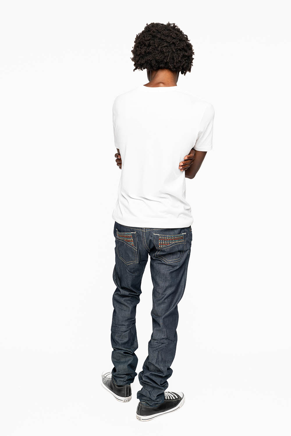 MENS CLASSIC 5 POCKET SLIM LEG JEANS IN RAW DENIM EMBELLISHED WITH MULTI COLOR  CRYSTALS