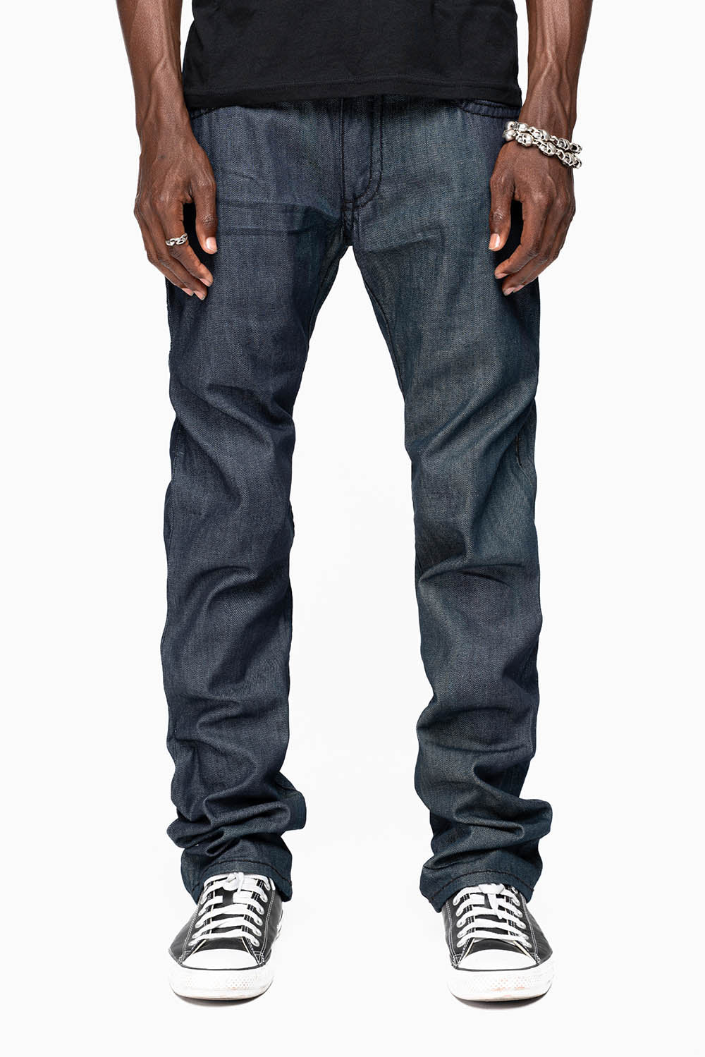 ROBIN’S BLACK SADDLE 5 POCKET STRAIGHT LEG JEANS IN RAW DENIM  HEAVY BLACK STITCHING  WITH CRYSTALS