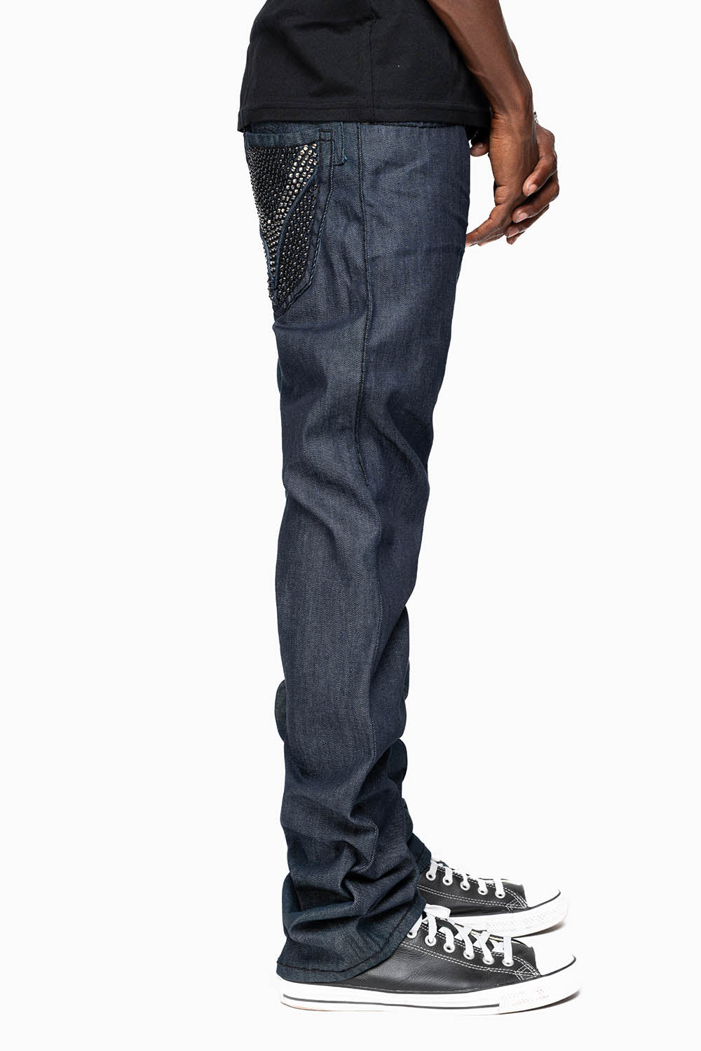ROBIN’S BLACK SADDLE 5 POCKET STRAIGHT LEG JEANS IN RAW DENIM  HEAVY BLACK STITCHING  WITH CRYSTALS