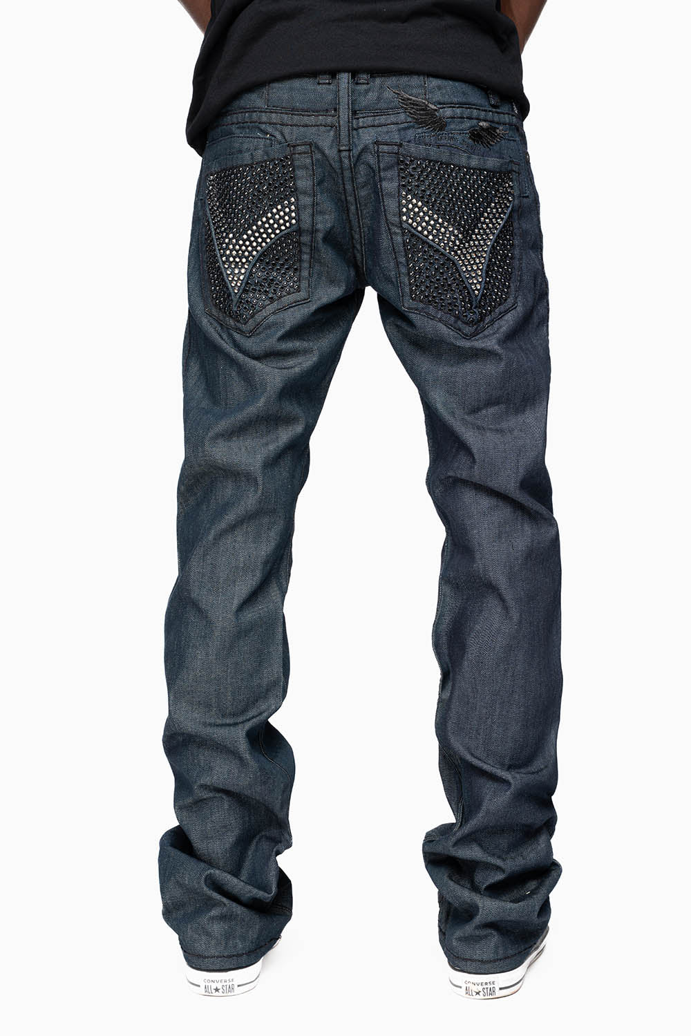 ROBIN’S BLACK SADDLE 5 POCKET STRAIGHT LEG JEANS IN RAW DENIM  HEAVY BLACK STITCHING  WITH CRYSTALS