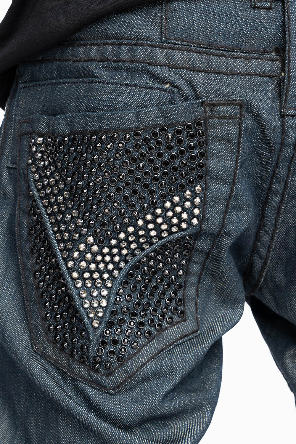 ROBIN’S BLACK SADDLE 5 POCKET STRAIGHT LEG JEANS IN RAW DENIM  HEAVY BLACK STITCHING  WITH CRYSTALS