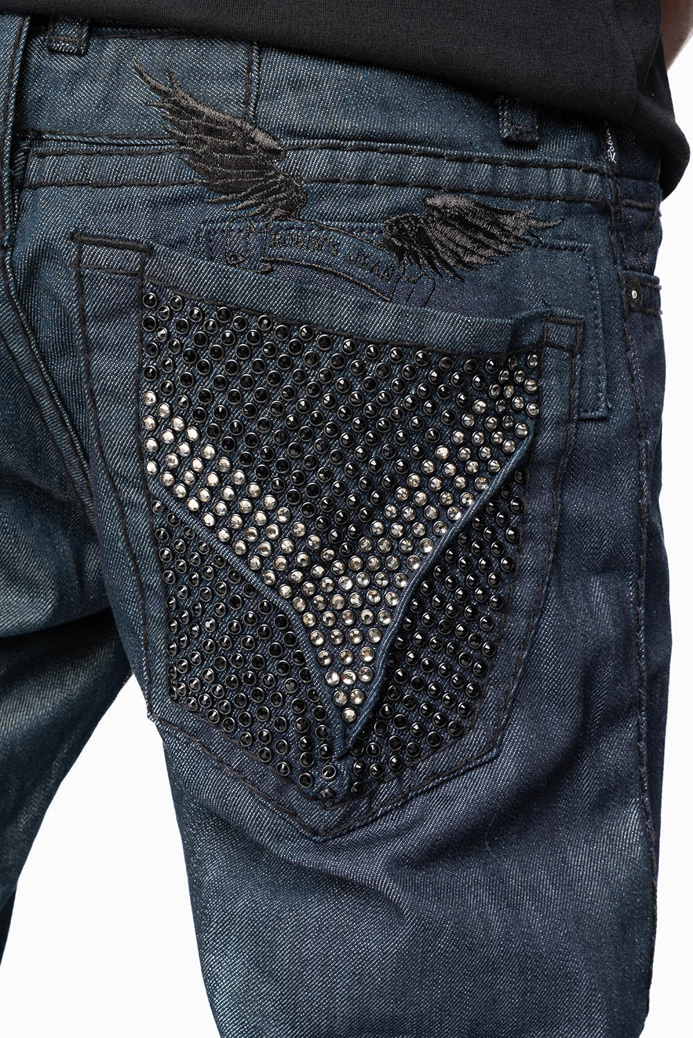 ROBIN’S BLACK SADDLE 5 POCKET STRAIGHT LEG JEANS IN RAW DENIM  HEAVY BLACK STITCHING  WITH CRYSTALS