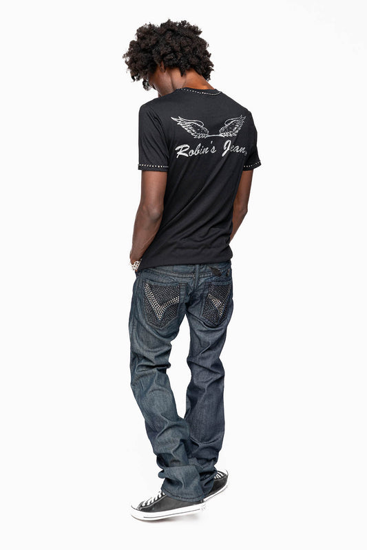 ROBIN’S BLACK SADDLE 5 POCKET STRAIGHT LEG JEANS IN RAW DENIM  HEAVY BLACK STITCHING  WITH CRYSTALS