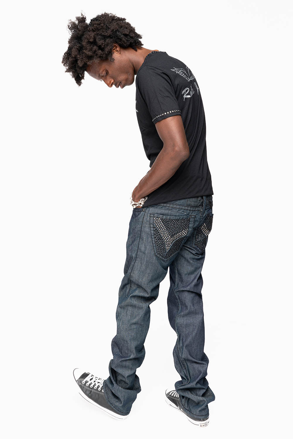 ROBIN’S BLACK SADDLE 5 POCKET STRAIGHT LEG JEANS IN RAW DENIM  HEAVY BLACK STITCHING  WITH CRYSTALS