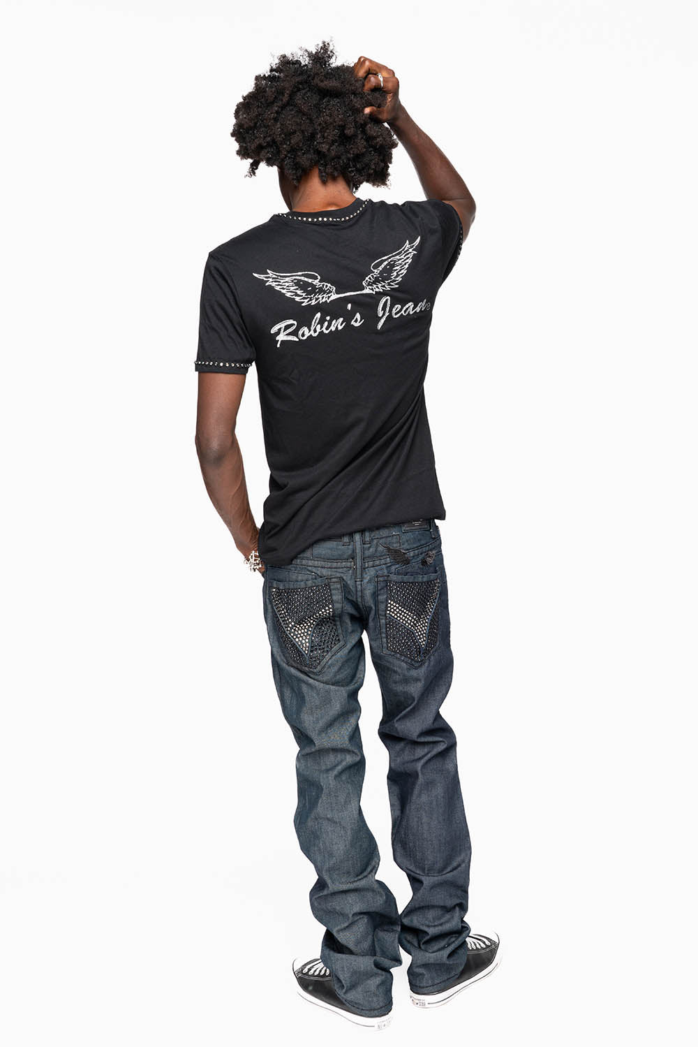 ROBIN’S BLACK SADDLE 5 POCKET STRAIGHT LEG JEANS IN RAW DENIM  HEAVY BLACK STITCHING  WITH CRYSTALS