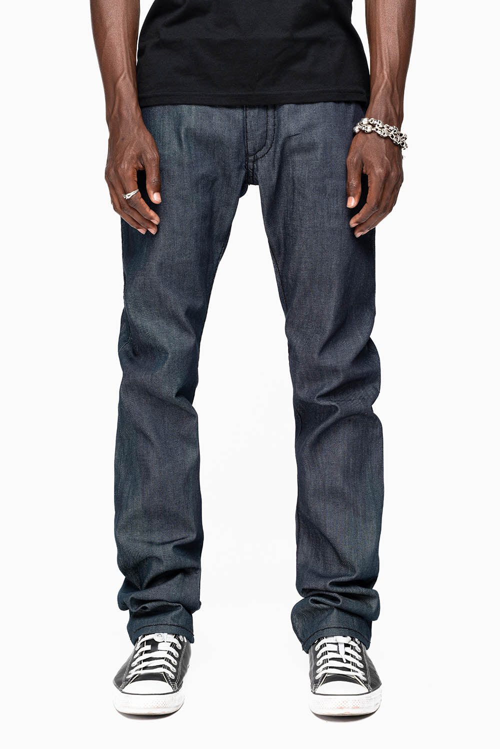 ROBIN’S BLACK SADDLE 5 POCKET STRAIGHT LEG JEANS IN RAW DENIM HEAVY BL ...