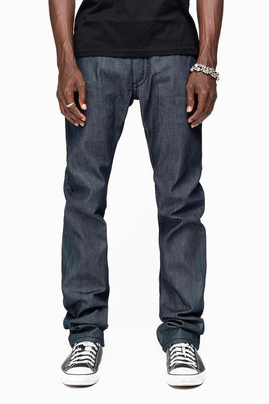 ROBIN’S BLACK SADDLE 5 POCKET STRAIGHT LEG JEANS IN RAW DENIM  HEAVY BLACK STITCHING