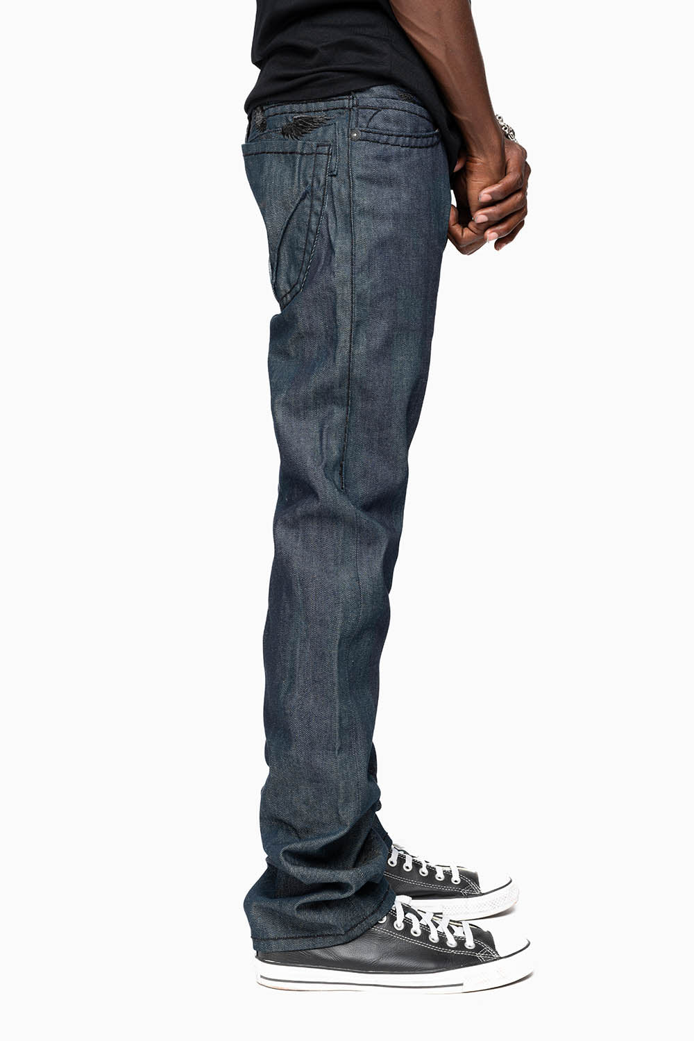 ROBIN’S BLACK SADDLE 5 POCKET STRAIGHT LEG JEANS IN RAW DENIM  HEAVY BLACK STITCHING