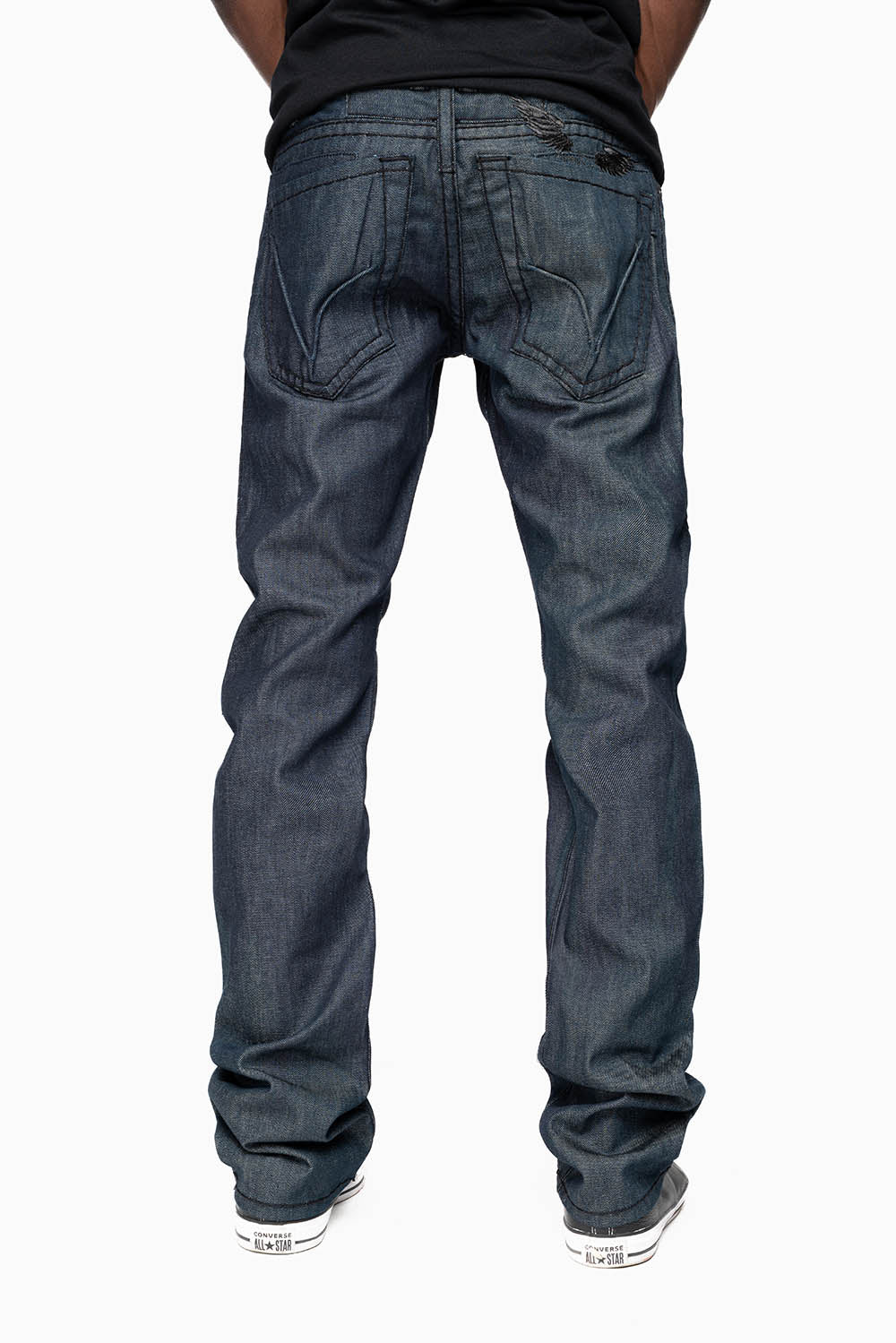 ROBIN’S BLACK SADDLE 5 POCKET STRAIGHT LEG JEANS IN RAW DENIM  HEAVY BLACK STITCHING