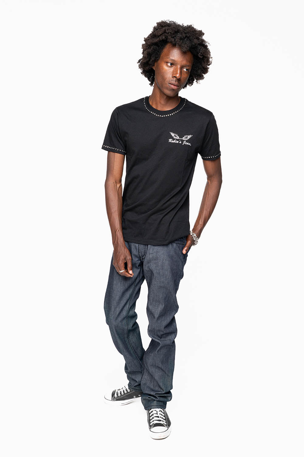 ROBIN’S BLACK SADDLE 5 POCKET STRAIGHT LEG JEANS IN RAW DENIM  HEAVY BLACK STITCHING