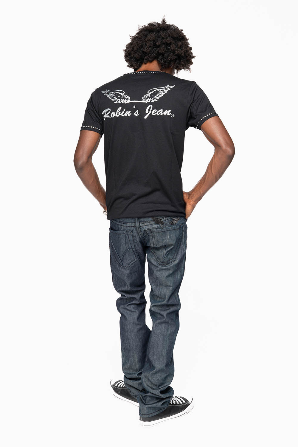 ROBIN’S BLACK SADDLE 5 POCKET STRAIGHT LEG JEANS IN RAW DENIM  HEAVY BLACK STITCHING
